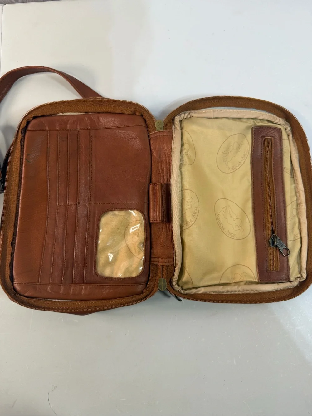 American Angel Leather Crossbody Bag‎ Wallet Purse Cognac Tan Vintage Brass Zip